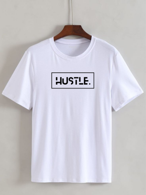 Cotton Printed Hustle T-shirt for Men - White
