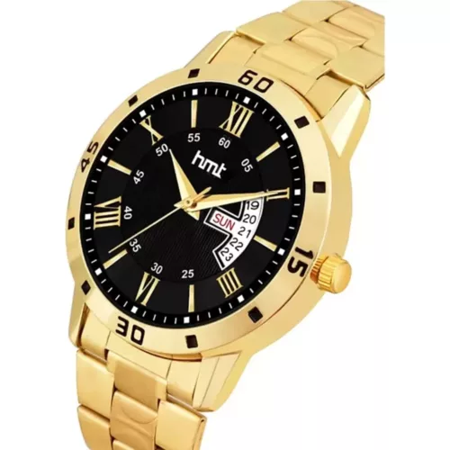 Analog Men hmt Watch Black Dial Gold Strap With Date Time 2