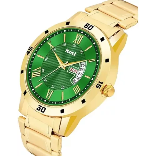 Analog Men hmt Watch, Green Dial, Gold Strap with Date & Time2
