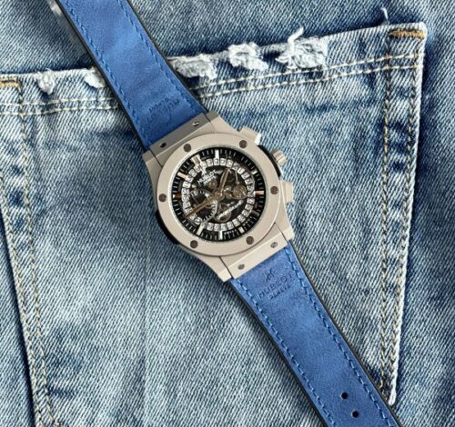 Mens Hublot Bigbang Watch AAA Silver Blue Leather strap 1