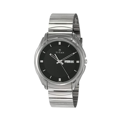 Black Dial Silver Stainless Steel Strap Analog Titan Watch for Men with Day Date Function
